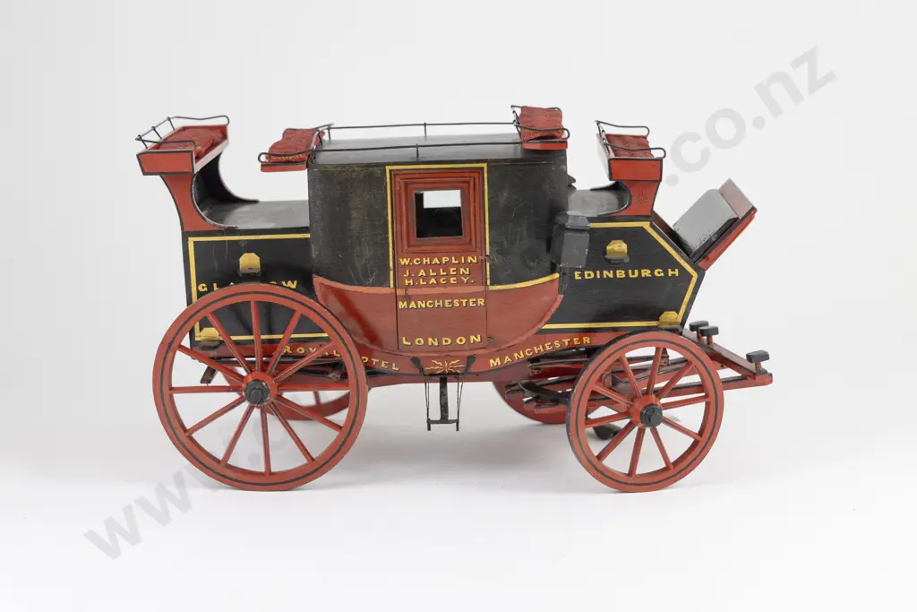 Vintage Scratch Built Red/Black & Gilt Painted Wooden Model of Victorian Mail Coach Image 1++