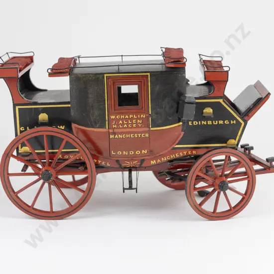 Vintage Scratch Built Red/Black & Gilt Painted Wooden Model of Victorian Mail Coach