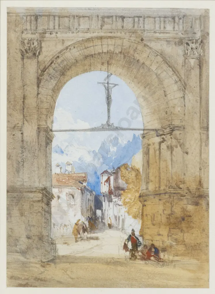 William Callow R W S (1812-1908) A View of the Village and Mountains Through the Arch at Aosta Image 1++