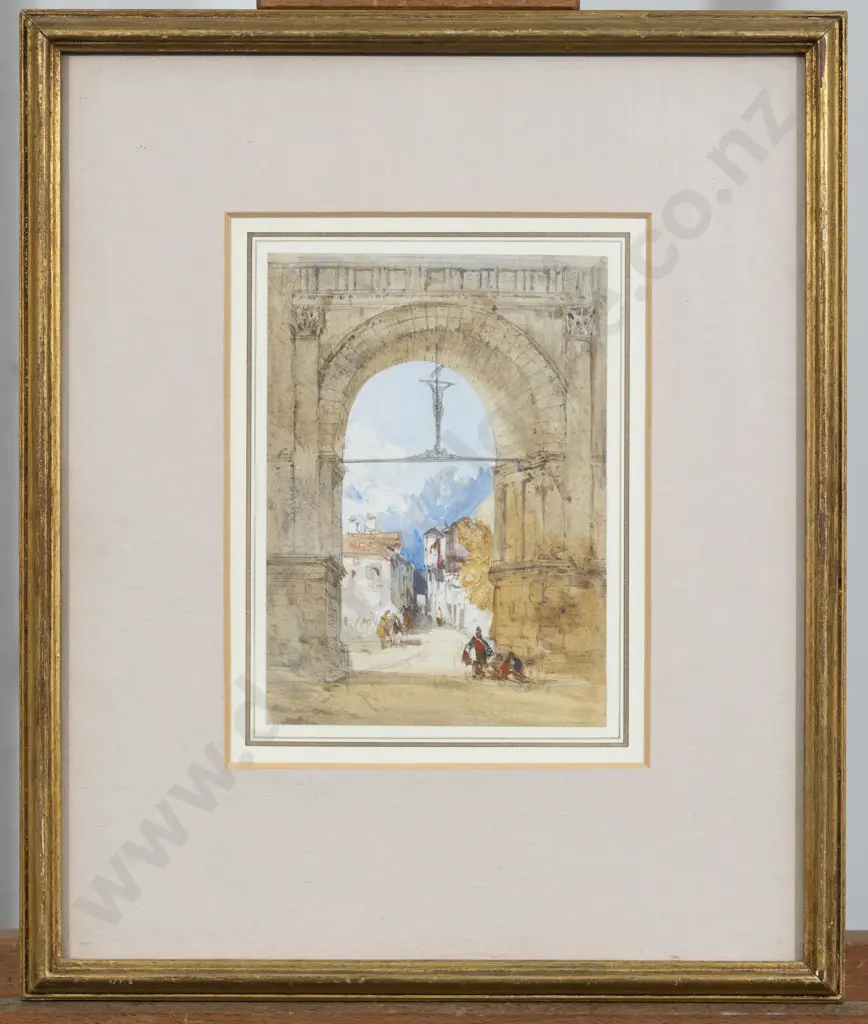 William Callow R W S (1812-1908) A View of the Village and Mountains Through the Arch at Aosta Image 1++