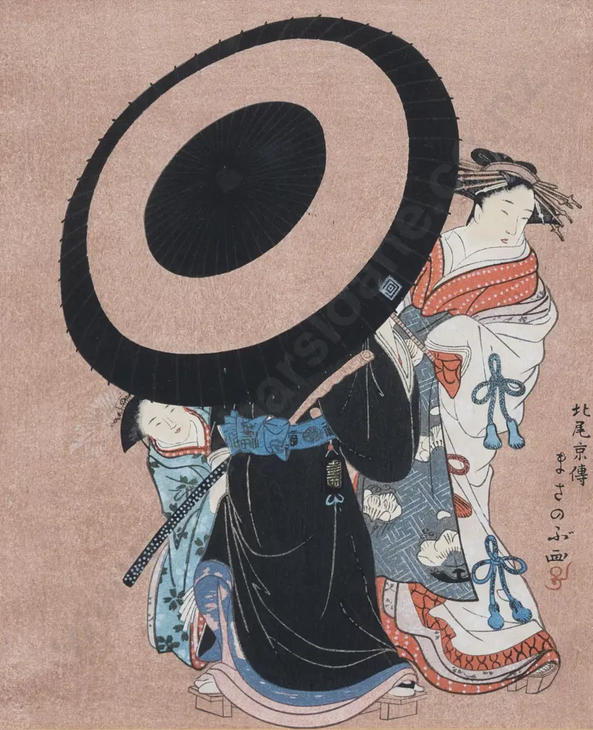 Vintage Japanese Woodblock Print Of 3 Figures Image 1++