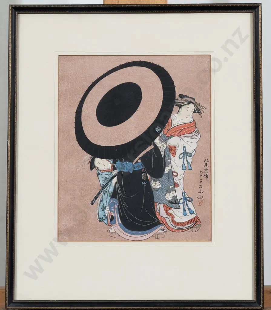 Vintage Japanese Woodblock Print Of 3 Figures Image 1++