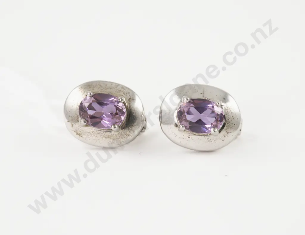 Pair S/S Single Stone Amethyst Stud Earrings Image 1++