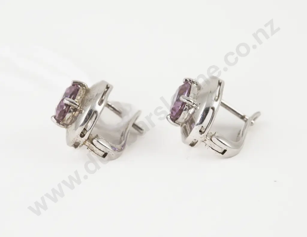 Pair S/S Single Stone Amethyst Stud Earrings Image 1++