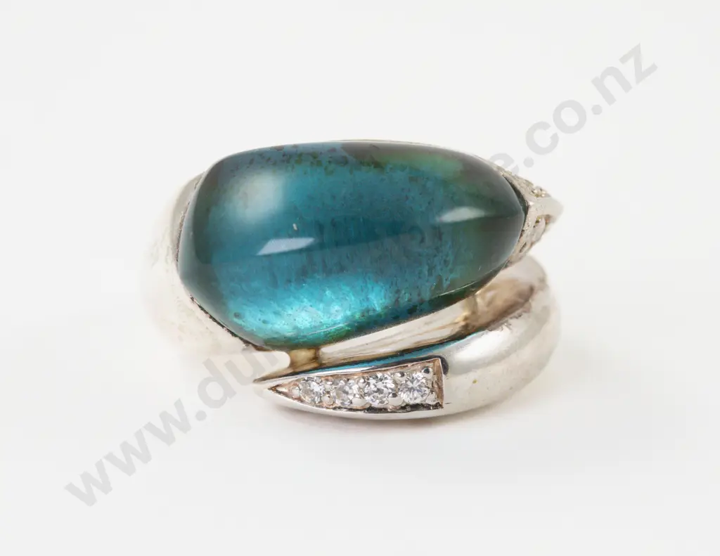 S/S Large Blue Glass Stone and Crystal Dress Ring Image 1++