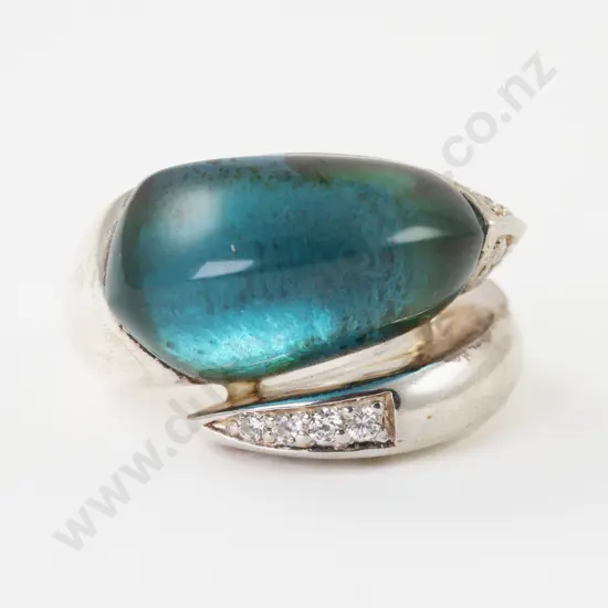 S/S Large Blue Glass Stone and Crystal Dress Ring