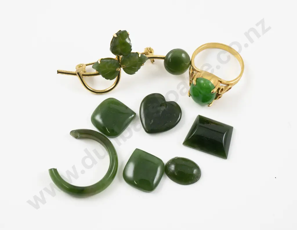 Gold Plated Single Jade Ring and Brooch together with Unmounted Greenstone Image 1++
