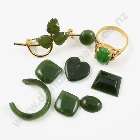Gold Plated Single Jade Ring and Brooch together with Unmounted Greenstone