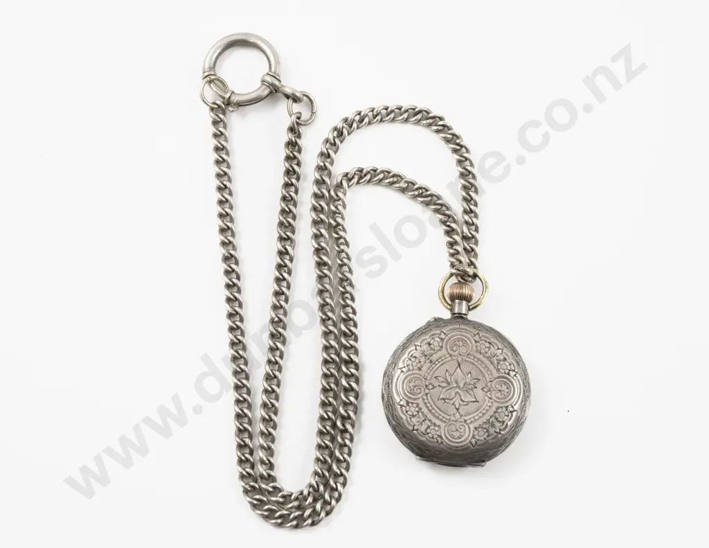 S/S Engraved Hunter Case Lever Wind Pocket Watch on S/S Neck Chain Image 1++