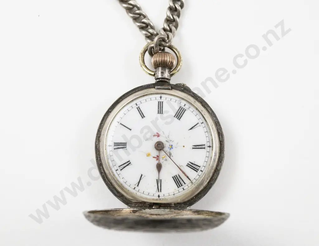 S/S Engraved Hunter Case Lever Wind Pocket Watch on S/S Neck Chain Image 1++