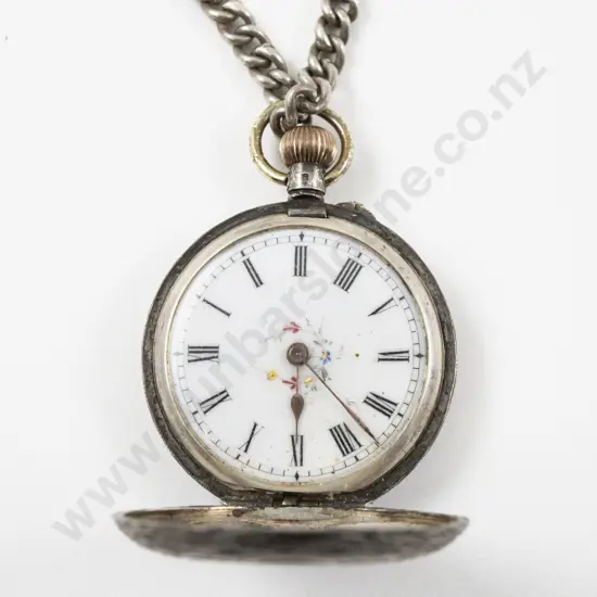 S/S Engraved Hunter Case Lever Wind Pocket Watch on S/S Neck Chain