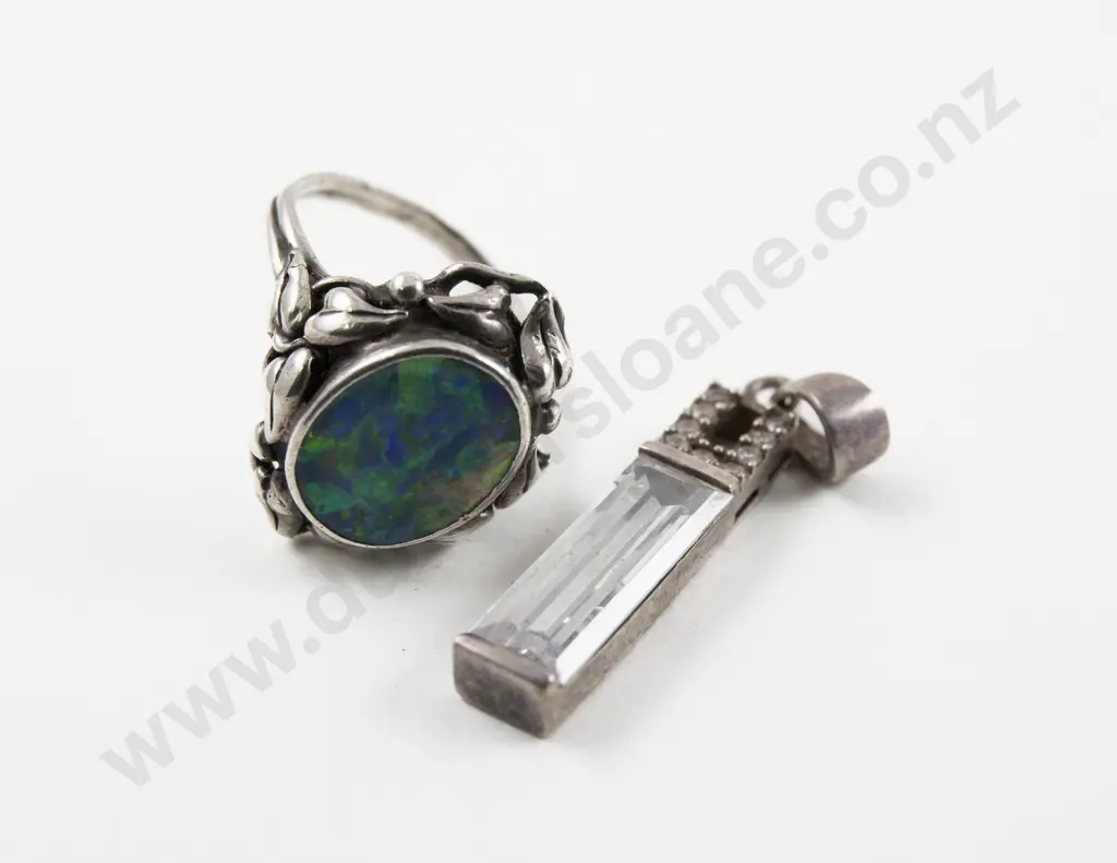 S/S Cubic Zirconia Pendant with Single Stone Opal Ring Image 1++