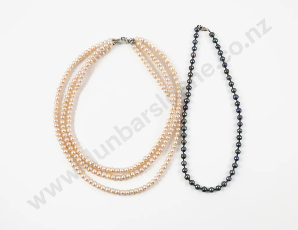 Triple Strand Fresh Water Pearl Necklace with Single Strand Pearl Necklace Image 1++