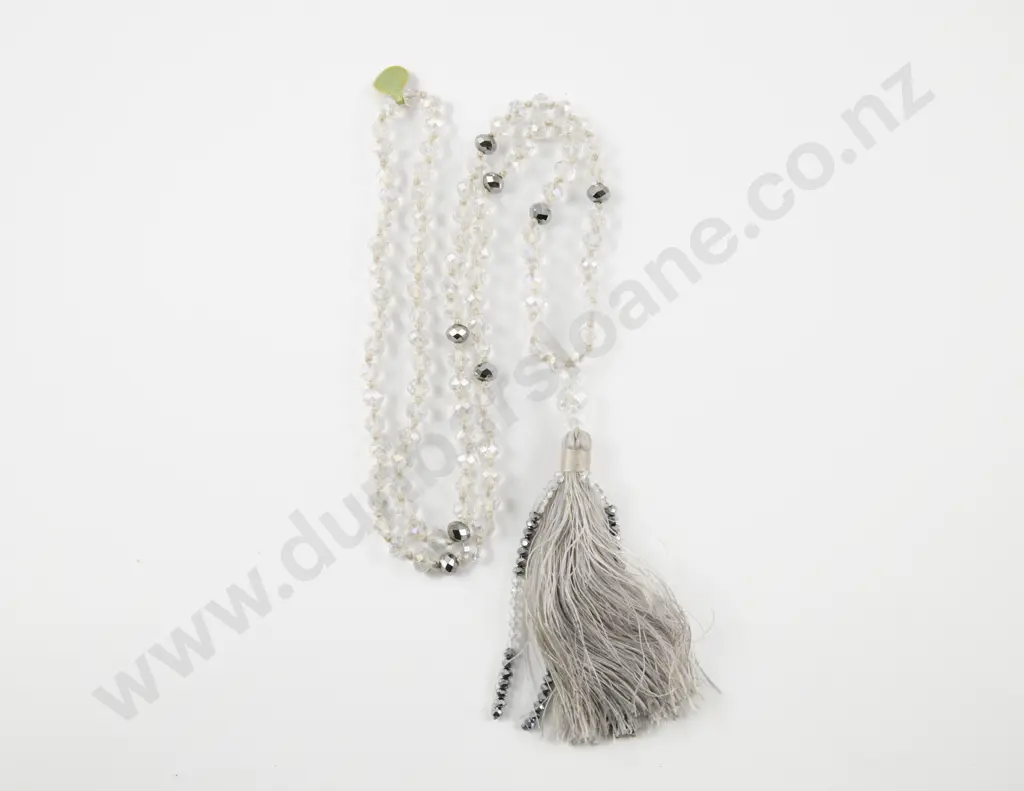 Vintage Crystal and Glass Bead Necklace with Tassel Pendant Image 1++