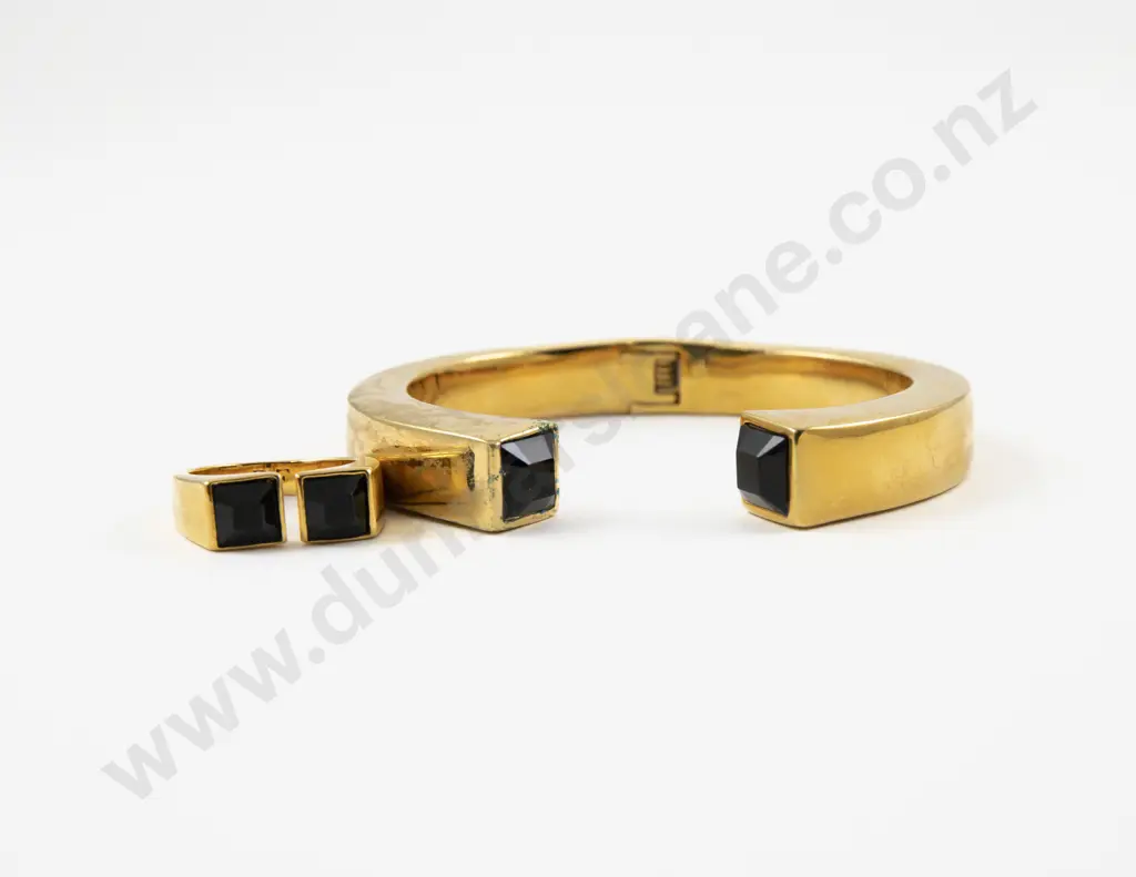 Diane Von Furstenberg Gold Plated and Onyx Cuff Bangle with Matching Ring Image 1++