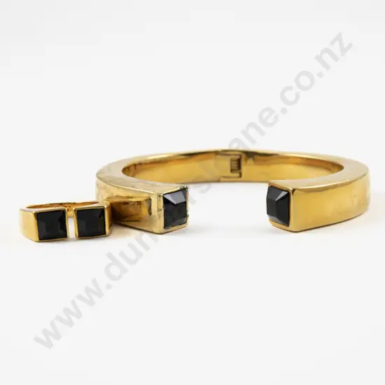 Diane Von Furstenberg Gold Plated and Onyx Cuff Bangle with Matching Ring