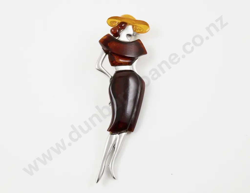 Vintage Beoluna Silver Plated Baltic Amber Lady Figurine Brooch Image 1++