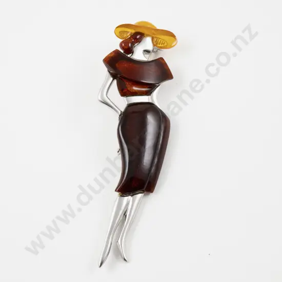 Vintage Beoluna Silver Plated Baltic Amber Lady Figurine Brooch