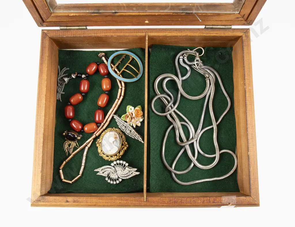 Collection of Vintage Costume Jewellery in Wooden Display Box Image 1++