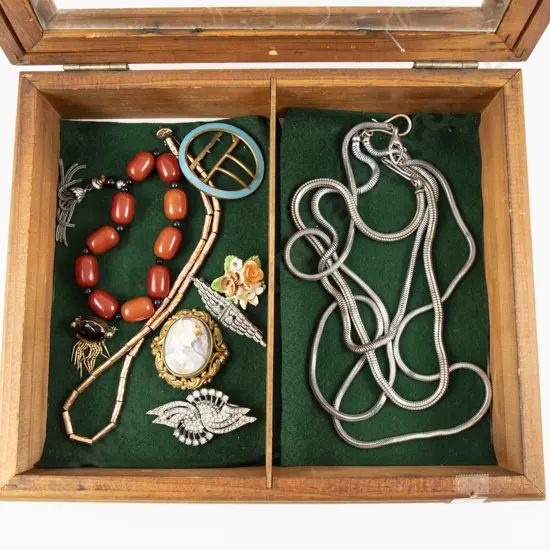 Collection of Vintage Costume Jewellery in Wooden Display Box