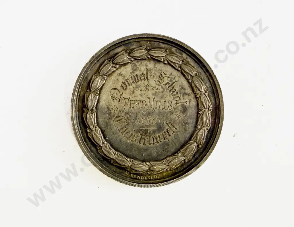 NZ Silver M Sandstein 'Normal School Fred Mills 1880 Christchurch' Medallion Image 1++