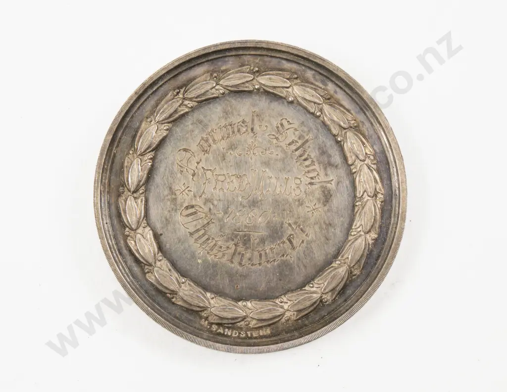 NZ Silver M Sandstein 'Normal School Fred Mills 1880 Christchurch' Medallion Image 1++