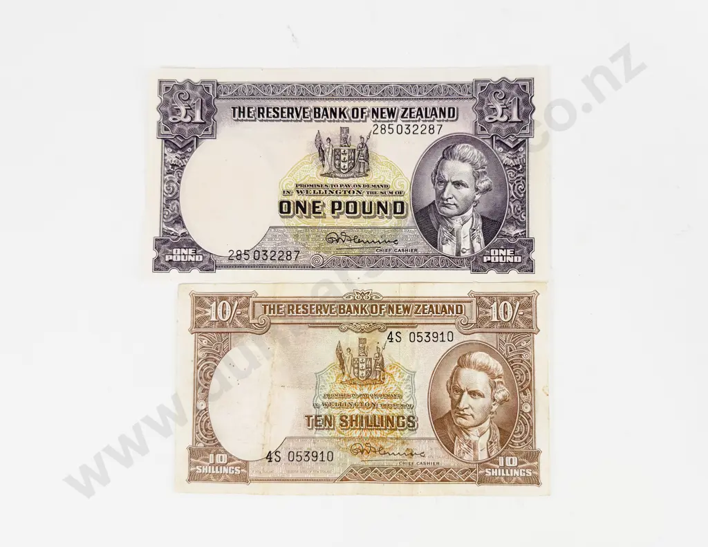 NZ £1 Note and 10/- Note (creased) signed Flemming Image 1++