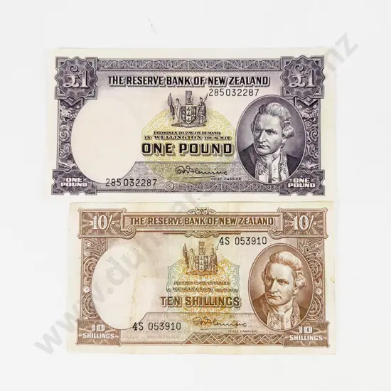 NZ £1 Note and 10/- Note (creased) signed Flemming