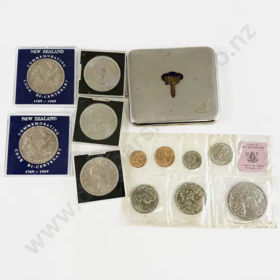 NZ Commemorative $1 x2 1953 Crown x3 and Unc 1967 Coinage Set & 1940 Exhib Cig Case