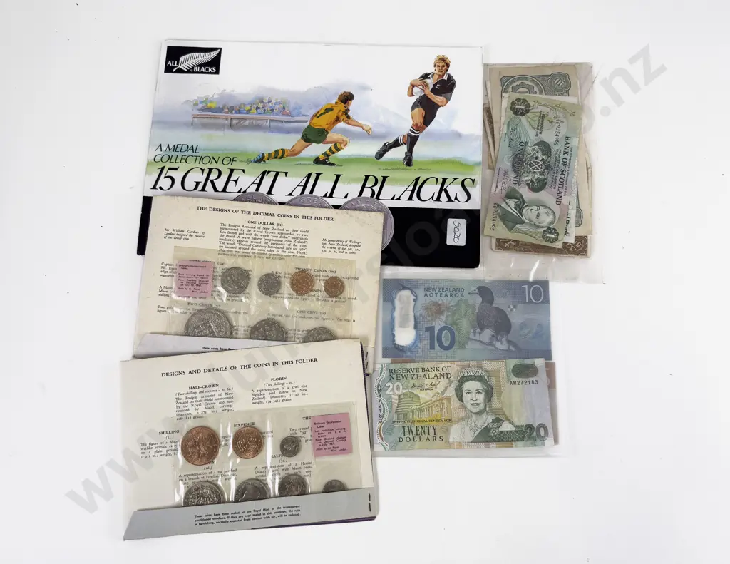 NZ Two 1967 Coin Packs Various Banknotes and All Blacks Medal Folder Image 1++