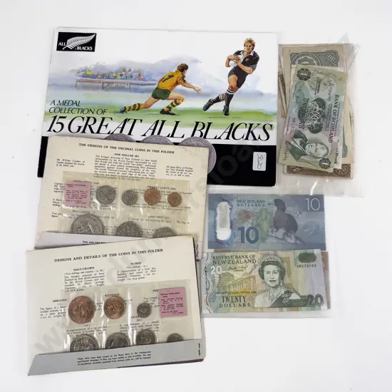 NZ Two 1967 Coin Packs Various Banknotes and All Blacks Medal Folder