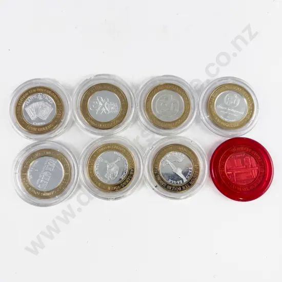 8 Las Vegas Ltd Ed Ten Dollar Gaming Tokens central coin of approx 0.60 troy oz .999 fine silver with brass outer