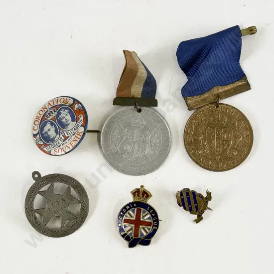 Two Royal Commemorative Medals Three Badges and Silver Brooch (no pin)