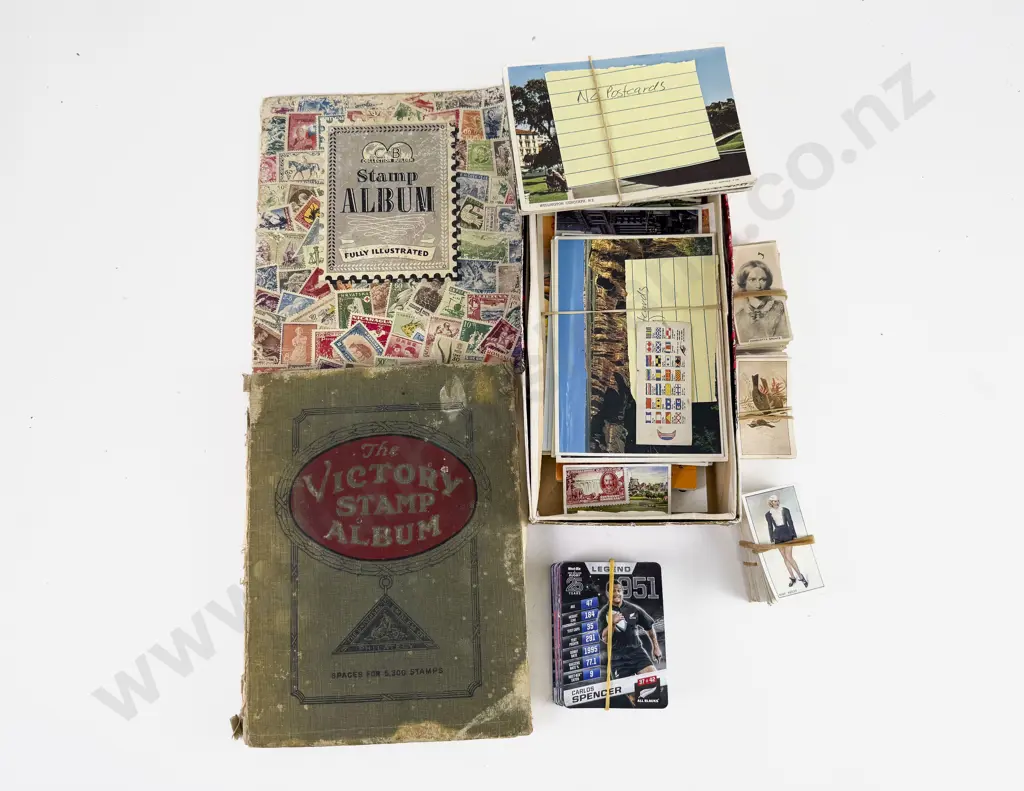 Two Vintage NZ and World School Boy Stamp Albums with Postcards and Cig Cards Image 1++