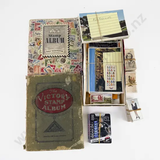 Two Vintage NZ and World School Boy Stamp Albums with Postcards and Cig Cards