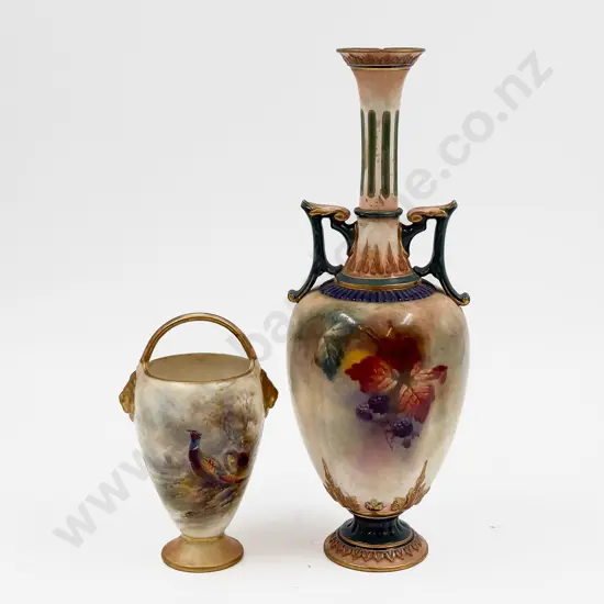 Small Royal Worcester Handled Vase together with Other Royal Worcester Vase (Repair)