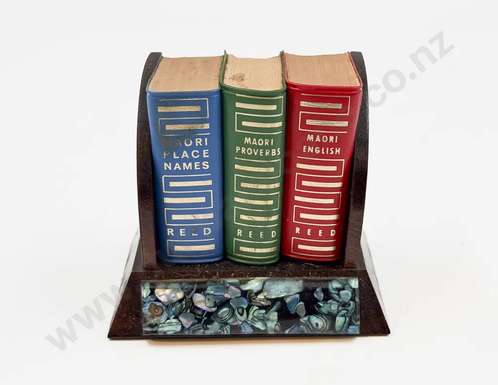 Vintage Set of Three Miniature Maori Reference Books on Stand Image 1++