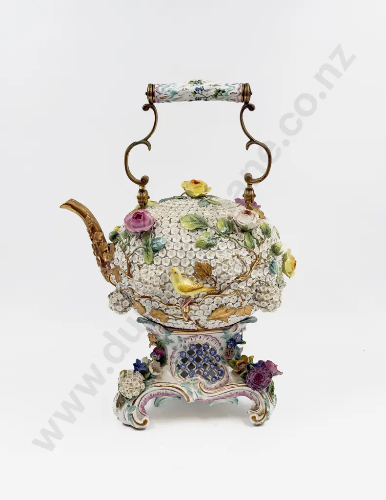 A Large Floral Encrusted 19th Century Dresden Spirit Kettle Image 1++