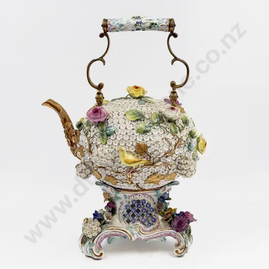 A Large Floral Encrusted 19th Century Dresden Spirit Kettle