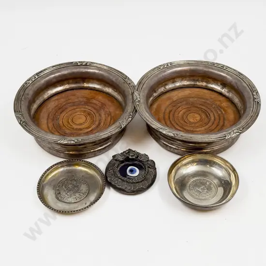 Two S/P Wine Coasters together with Two Coin Dishes & Other