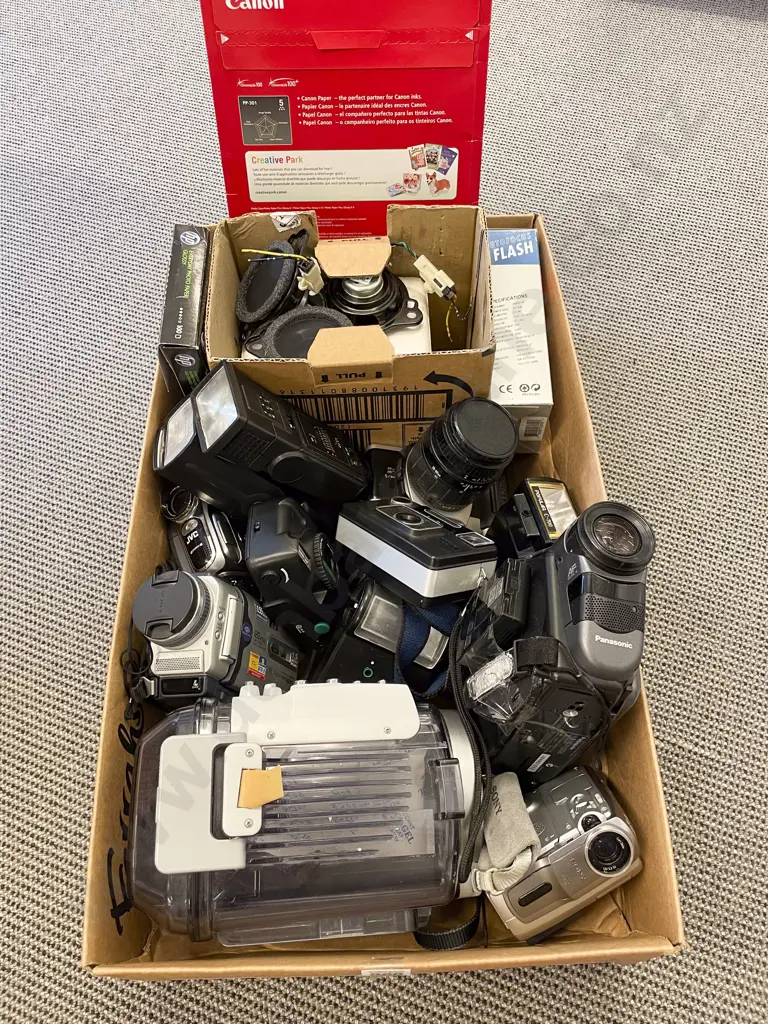 Box of Assorted Camcorders Camera Accessories etc Image 1++