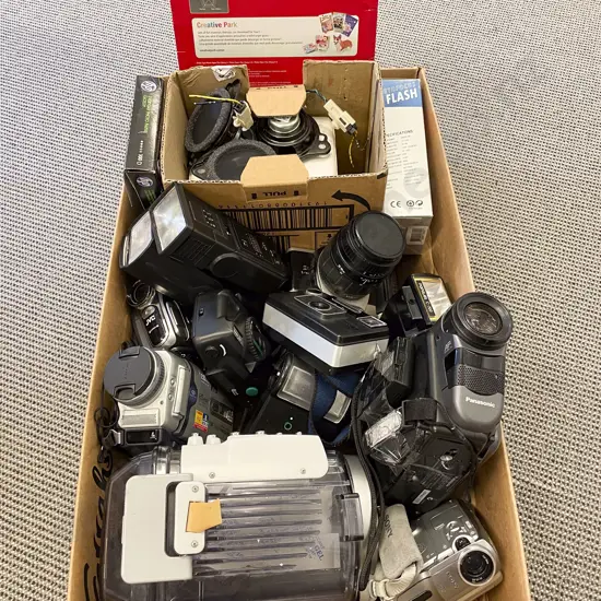 Box of Assorted Camcorders Camera Accessories etc