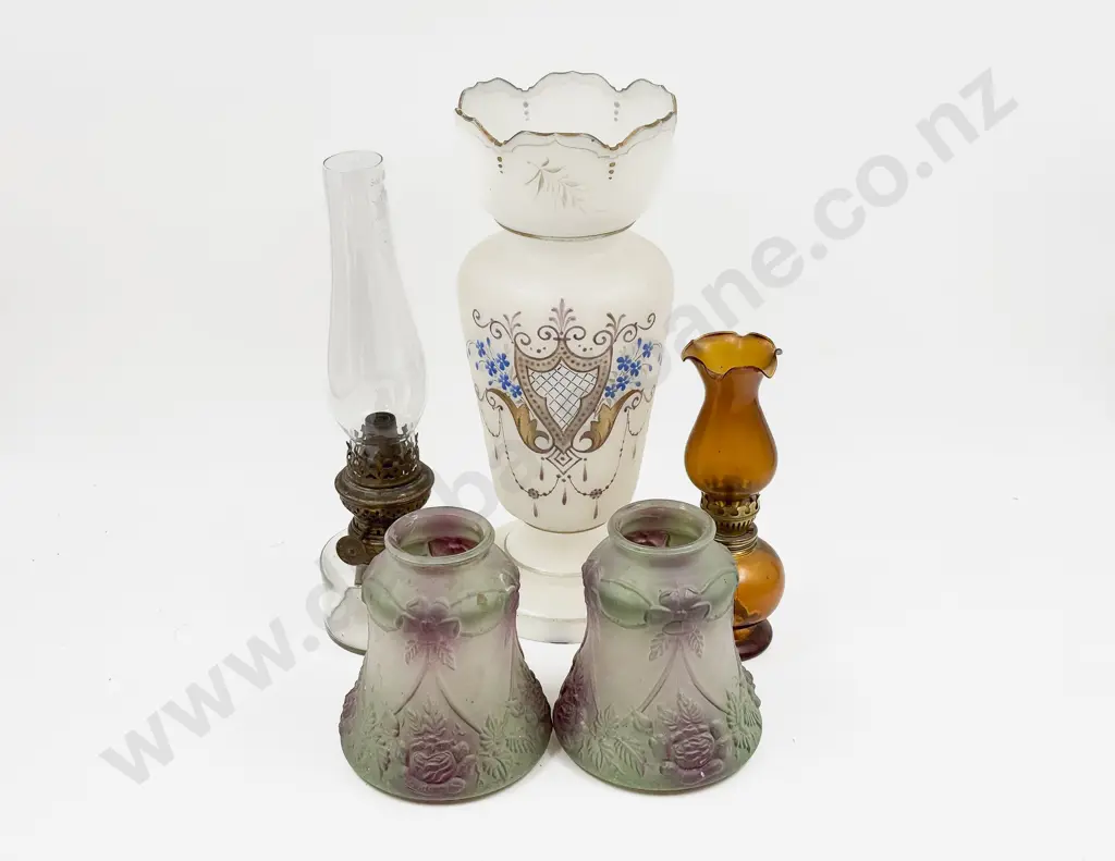 Box Qty of Assorted Vintage incl Small Kerosene Lamps Glass Lightshades etc Image 1++