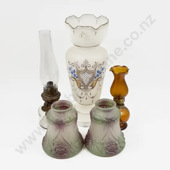 Box Qty of Assorted Vintage incl Small Kerosene Lamps Glass Lightshades etc