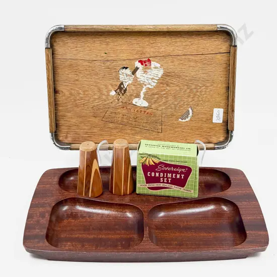 Sovereign Ware Condiment Set in Original Box & Two Wooden Trays