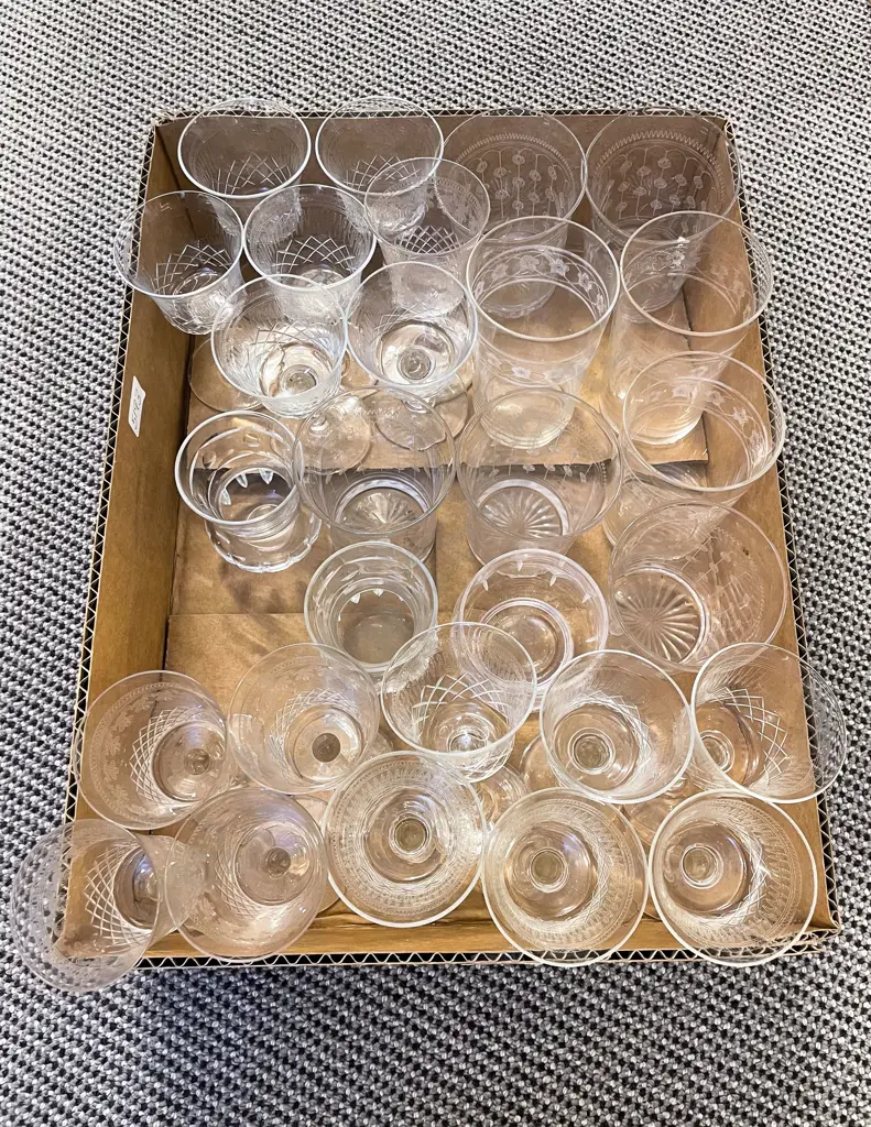 Box Qty of Assorted Etched Glass Ware etc Image 1++