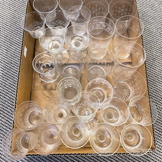 Box Qty of Assorted Etched Glass Ware etc