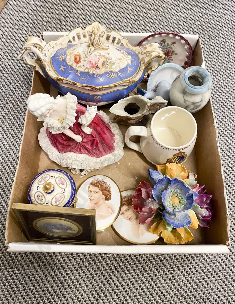 Box Qty of Assorted Fancy China incl Dresden Figure (Faults) Image 1++