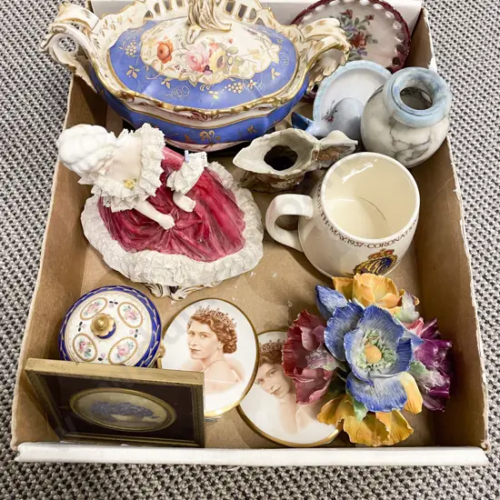 Box Qty of Assorted Fancy China incl Dresden Figure (Faults)