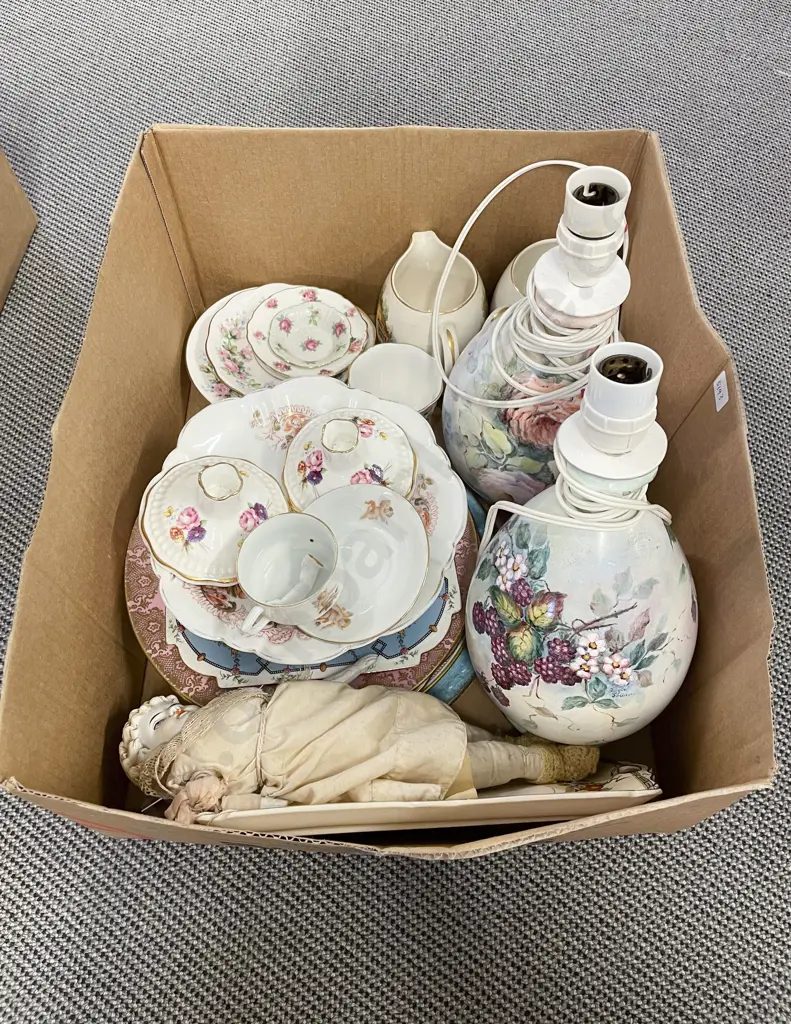 Box Qty of Assorted Fancy China & Two Hand Painted Lamps Image 1++